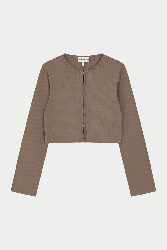 RIBBED BUTTON THROUGH TOP - BROWN