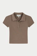 RIBBED SHORT SLEEVE POLO TOP - BROWN
