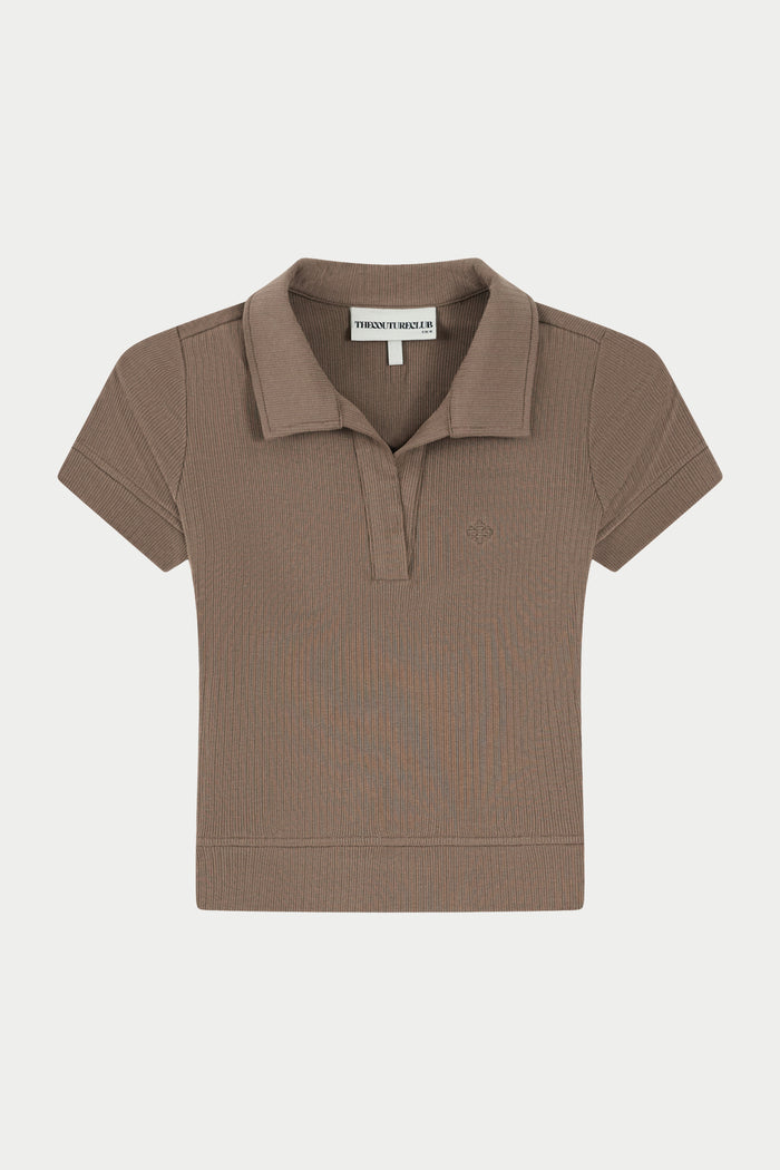 RIBBED SHORT SLEEVE POLO TOP - BROWN