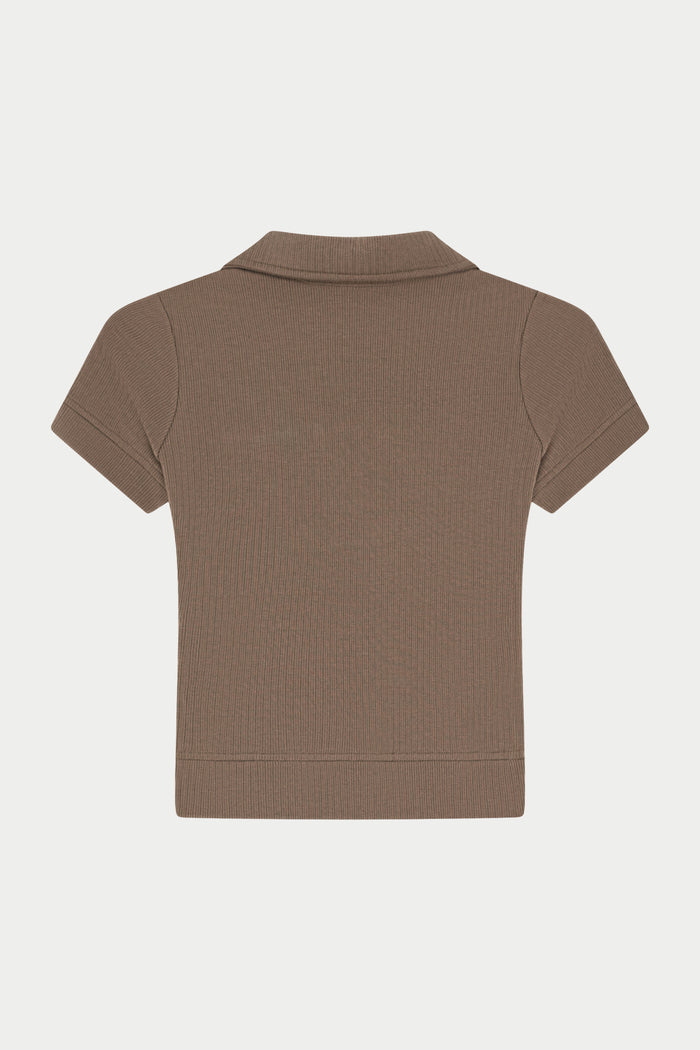 RIBBED SHORT SLEEVE POLO TOP - BROWN