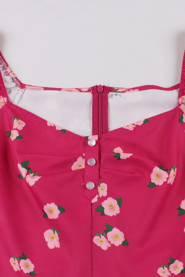 Rose Pink Puff Sleeves A-line Floral Bow tie Sash Vintage Dress