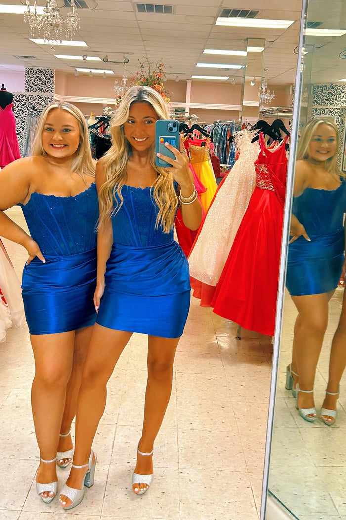 Royal Blue Strapless Appliques Satin Sheath Homecoming Dress