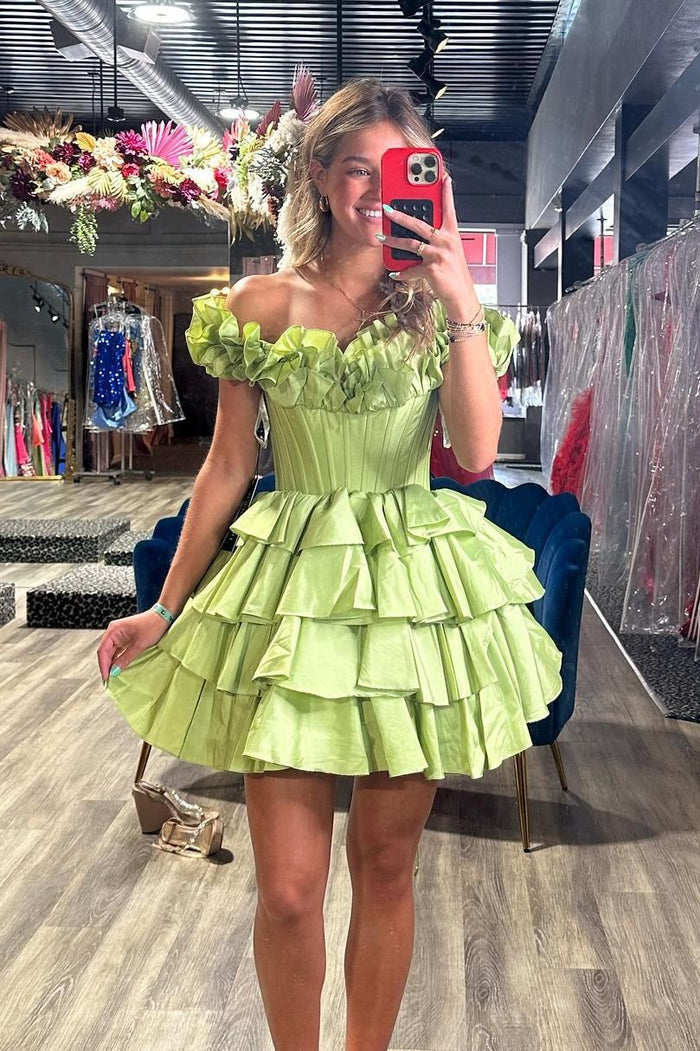 Ruffles Off the Shoulder Blue Tiered Short Homecoming Dress