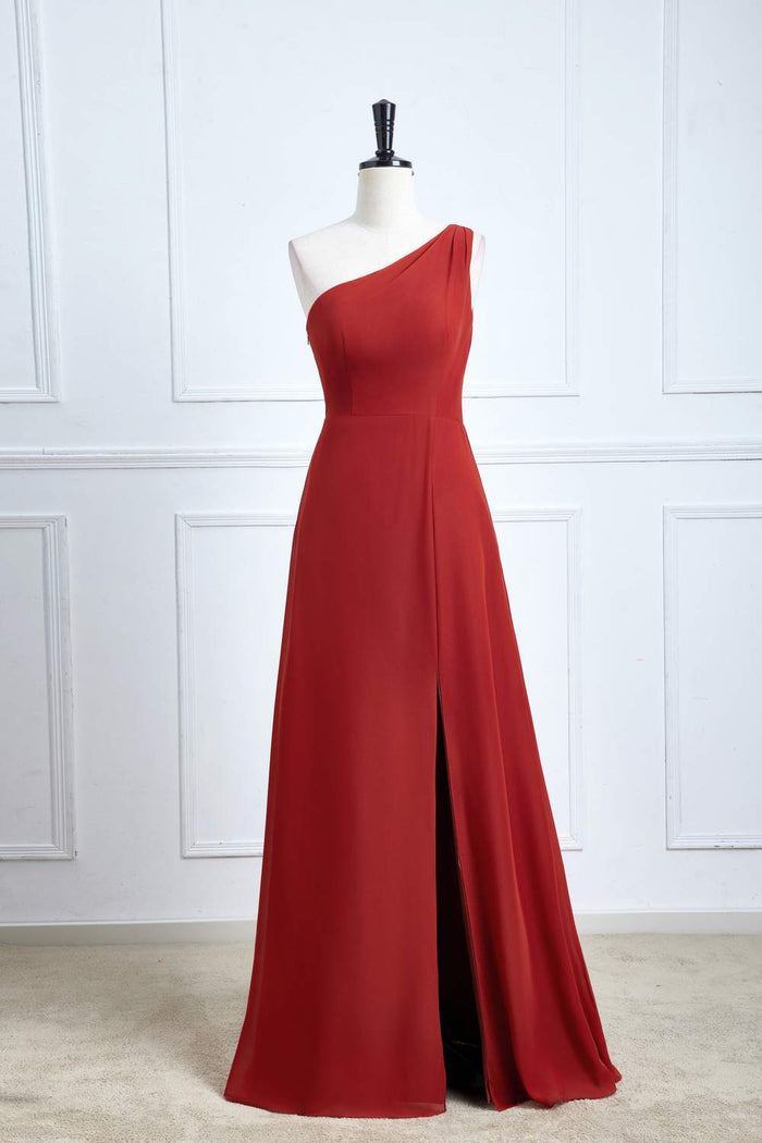 Rust One Shoulder A-line Chiffon Long Bridesmaid Dress with Slit