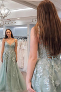 Sage Green Floral Straps Appliques A-line Long Prom Dress