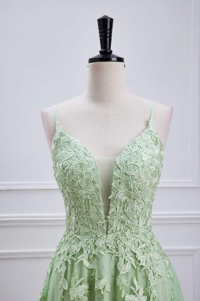 Sage Green Plunging V Lace-Up Appliques A-line Long Prom Dress