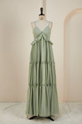 Dusty Sage Lace-Up Deep V Neck Ruffled Empire Long Prom Dress