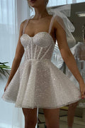 Sliver Beaded Bow Tie Straps A-line Homecoming Dress