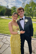 Spaghetti Straps Yellow Keyhole Tiered Ruffle Long Formal Dress
