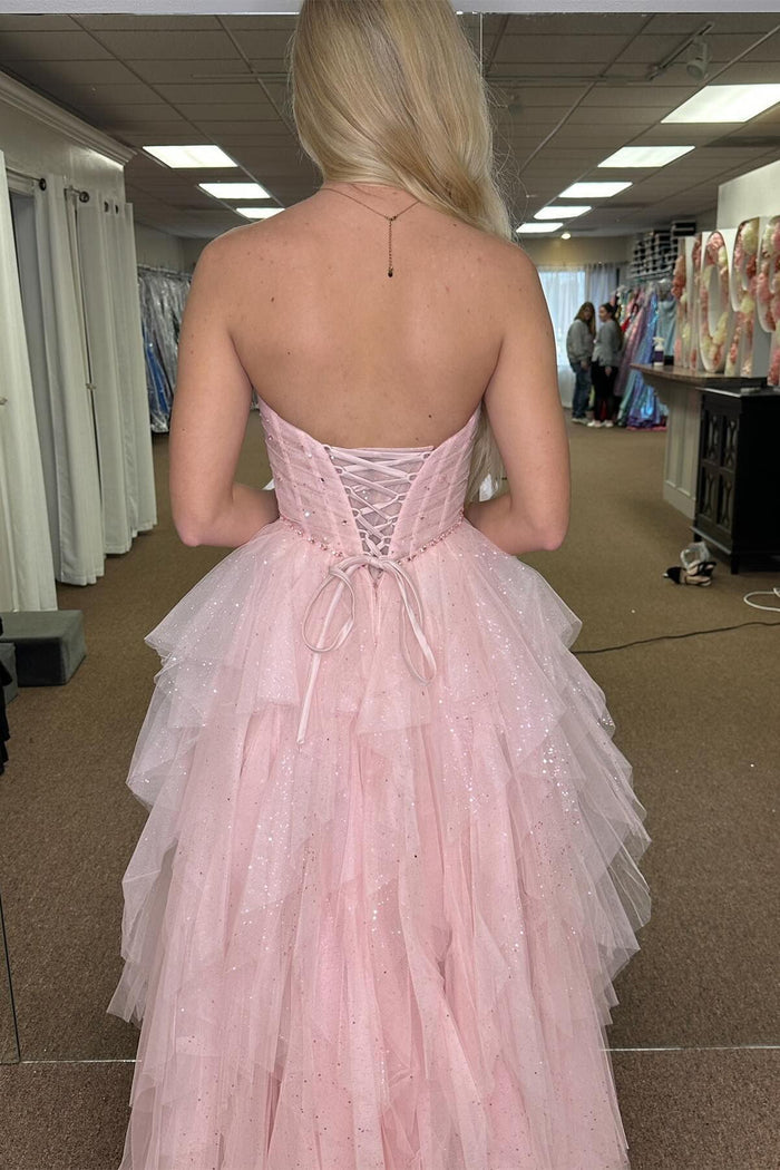 Sparkly Navy Blue Strapless Ruffle Layers Tulle Long Prom Dress