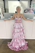 Straps Fuchsia Metallic Pleated A-line Ruffle Long Formal Dress