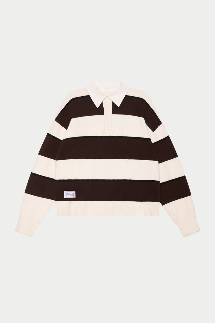 STRIPE CONTRAST COLLAR KNIT CREW - OFF WHITE