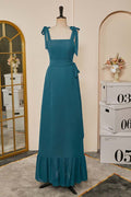 Teal Bow Tie Straps A-line Chiffon Long Bridesmaid Dress with Sash