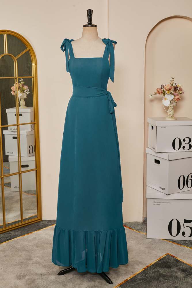 Teal Bow Tie Straps A-line Chiffon Long Bridesmaid Dress with Sash