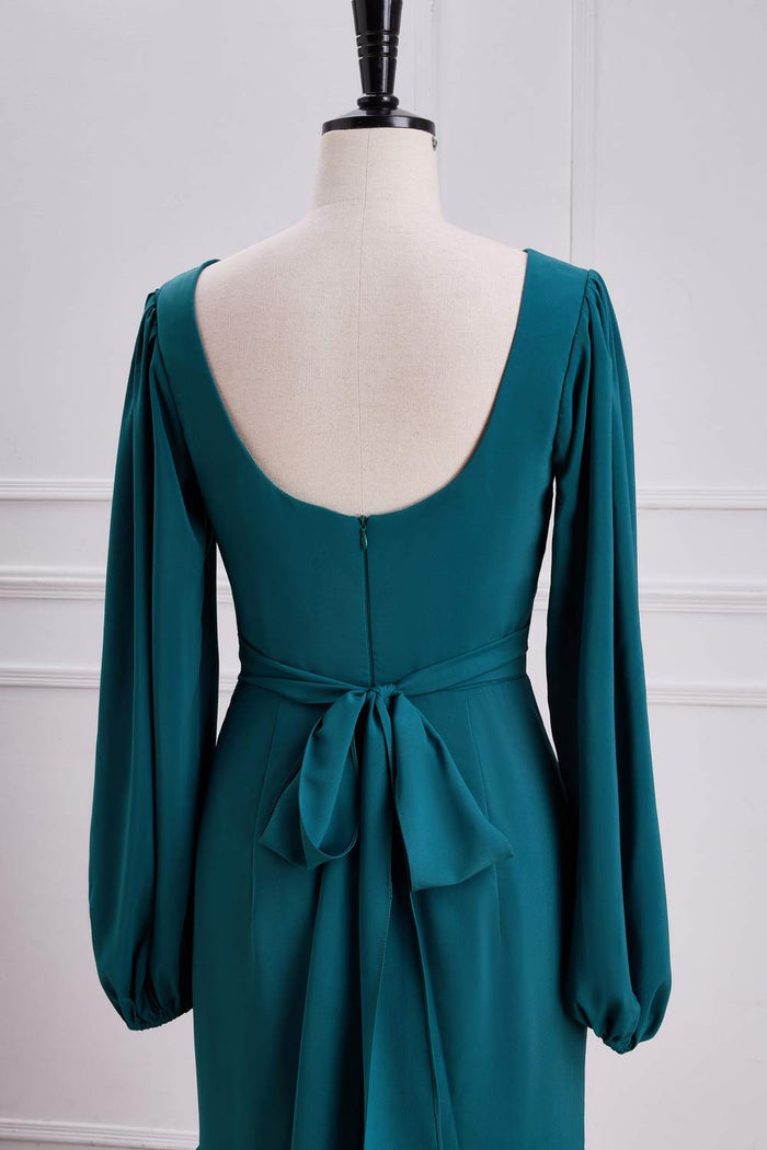 Teal Long Sleeves V Neck Mermaid Layers Long Bridesmaid Dress with Slit