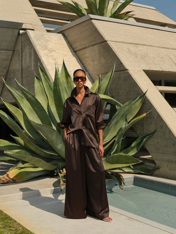 TIE BACK SATIN SHIRT - CHOCOLATE