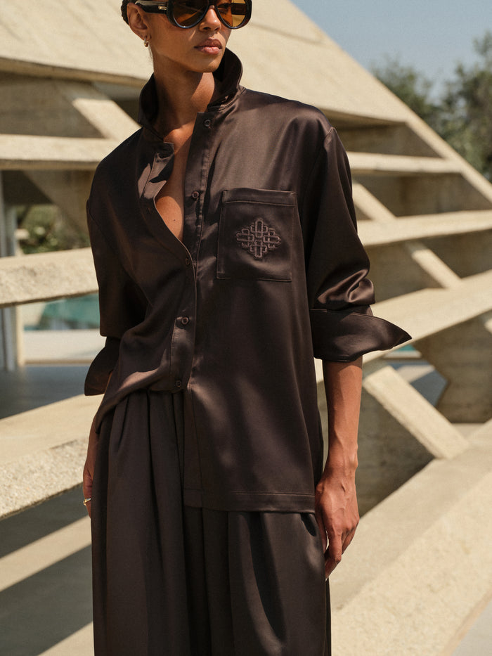 TIE BACK SATIN SHIRT - CHOCOLATE