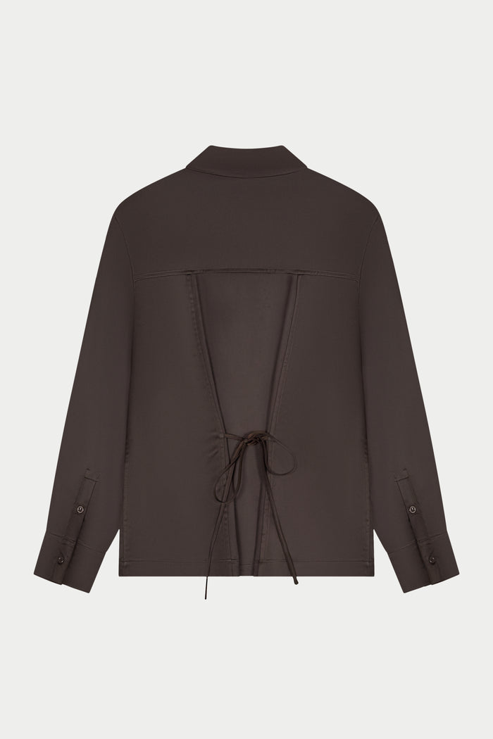 TIE BACK SATIN SHIRT - CHOCOLATE