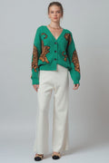 Tiger Jacquard Knit Sweater Cardigan in Green