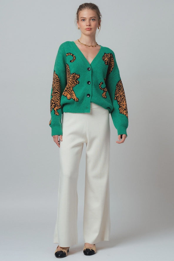 Tiger Jacquard Knit Sweater Cardigan in Green