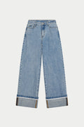 TURN UP HEM WIDE LEG JEANS - MID BLUE WASH