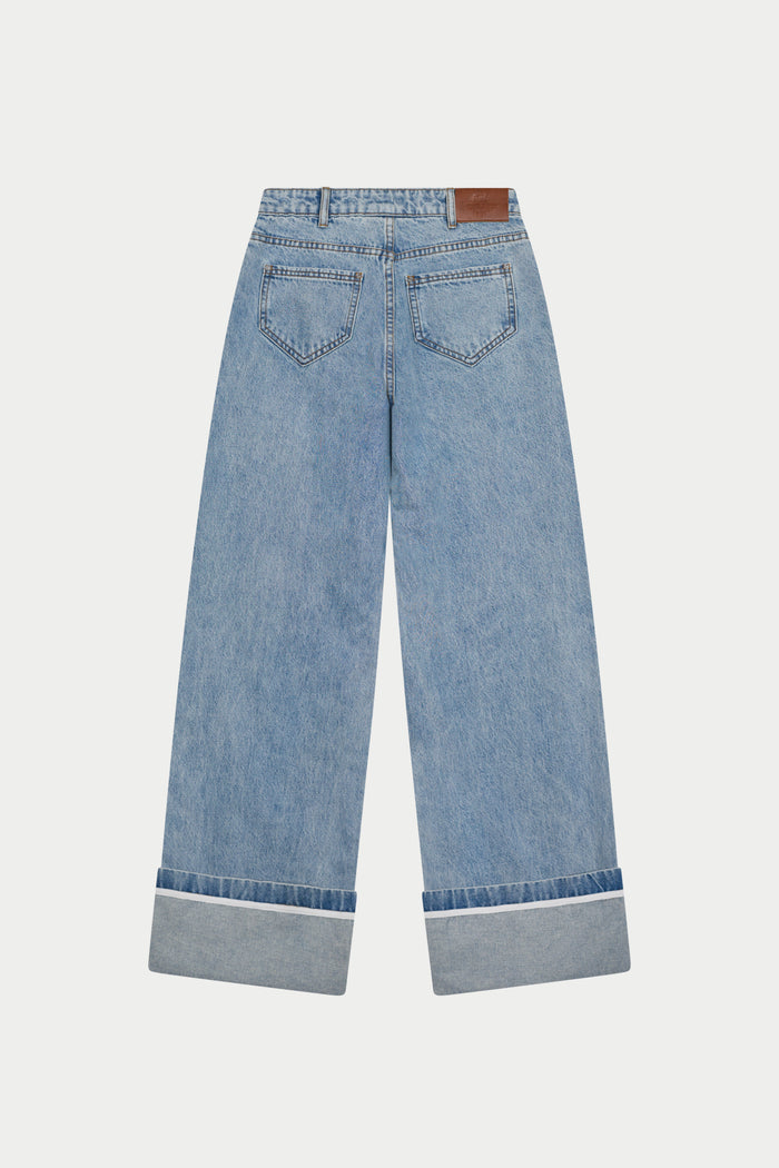 TURN UP HEM WIDE LEG JEANS - MID BLUE WASH