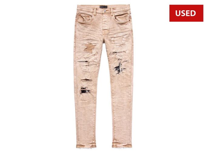 (USED) Purple Brand Mens Beige Heavy Repair With Plaid Patch Jeans