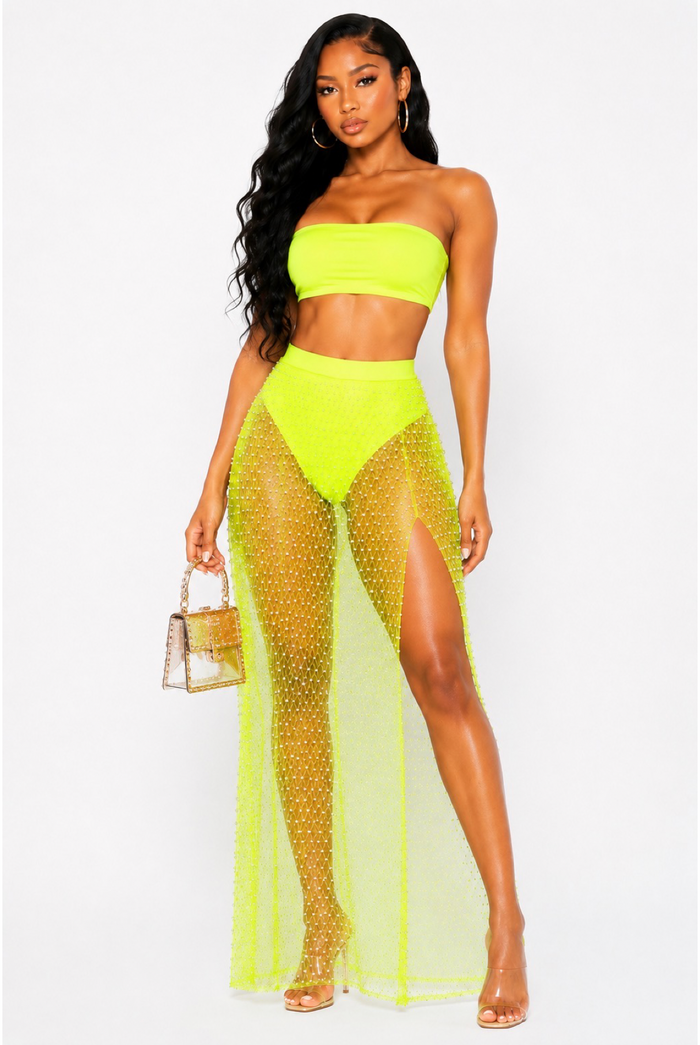 Vacation Vibes - High Waist Mesh Pearl Maxi Skirt