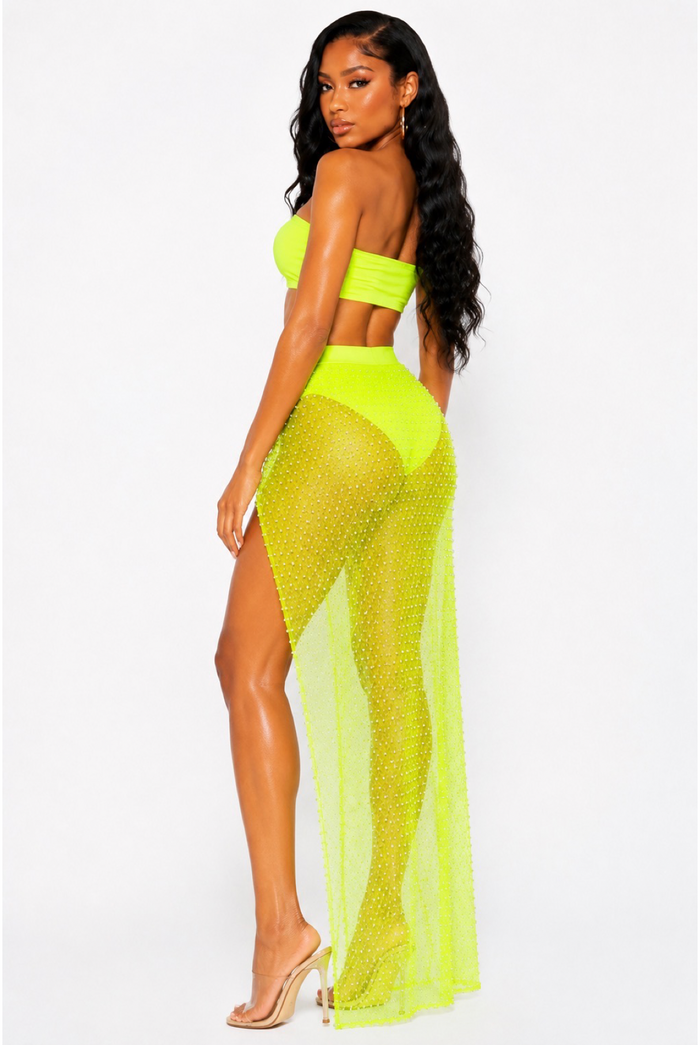 Vacation Vibes - High Waist Mesh Pearl Maxi Skirt