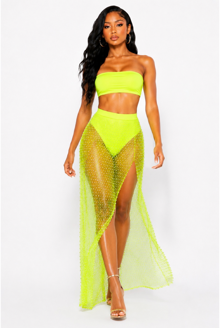 Vacation Vibes - High Waist Mesh Pearl Maxi Skirt
