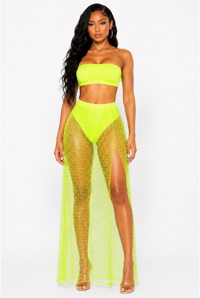 Vacation Vibes - High Waist Mesh Pearl Maxi Skirt