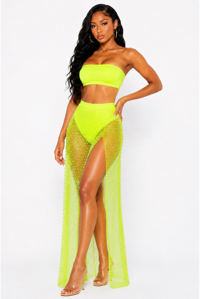 Vacation Vibes - High Waist Mesh Pearl Maxi Skirt