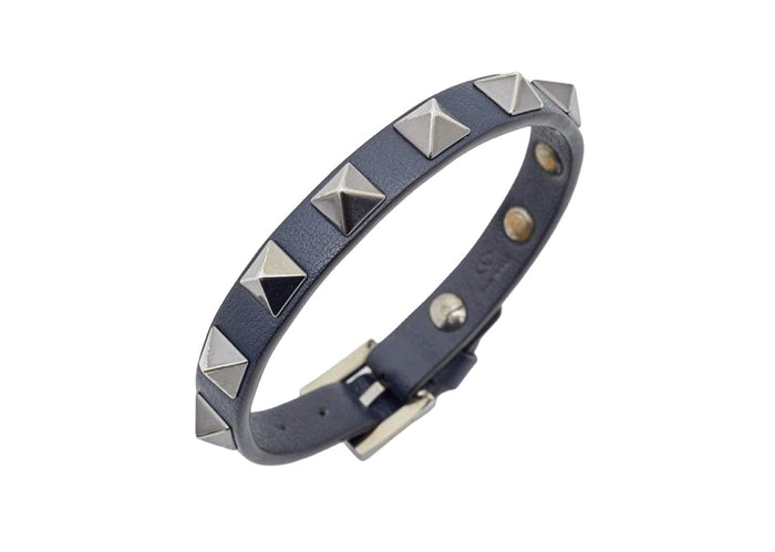 Valentino Navy Blue Leather Rockstud Gunmetal Tone Bracelet / With Dust Bag