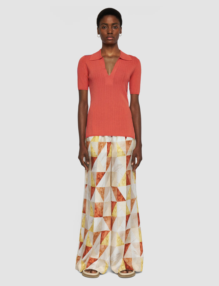 Orange Viscose Rib Knit Polo Top - Joseph