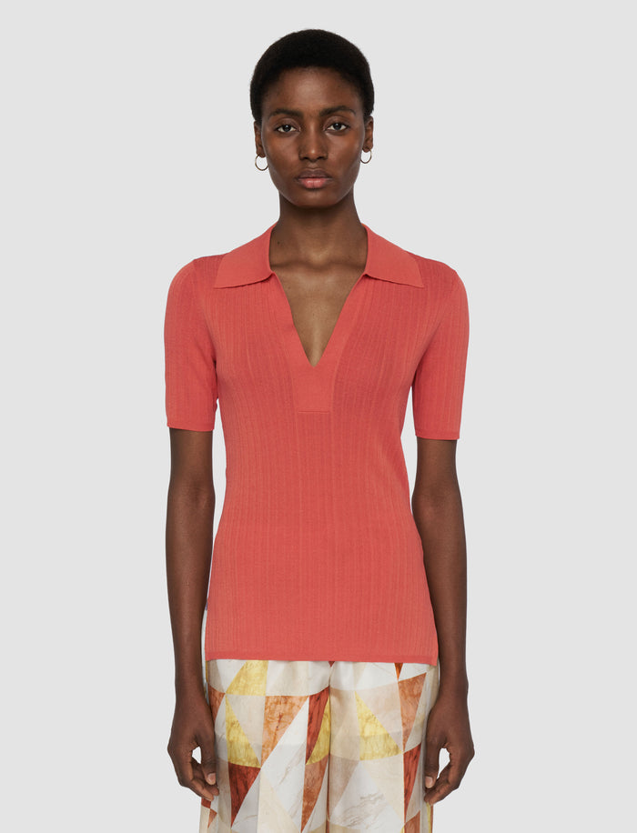 Orange Viscose Rib Knit Polo Top - Joseph