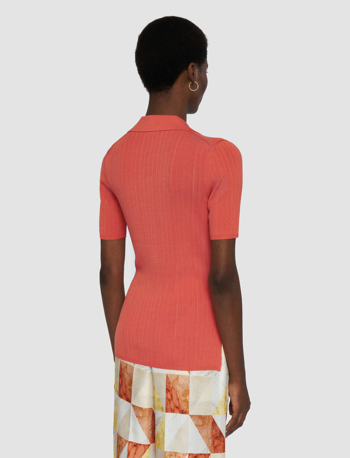 Orange Viscose Rib Knit Polo Top - Joseph