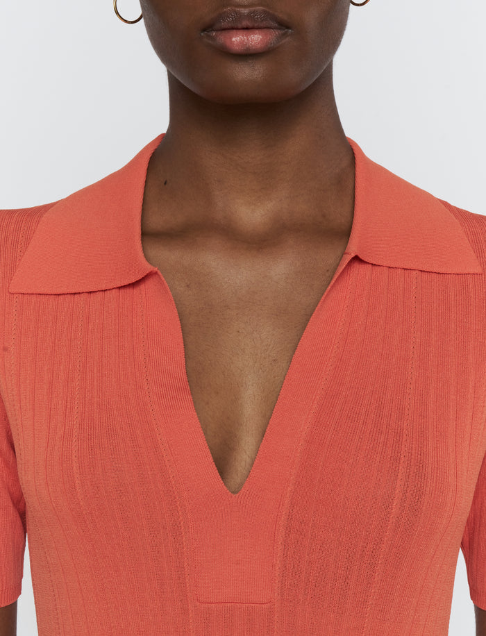 Orange Viscose Rib Knit Polo Top - Joseph