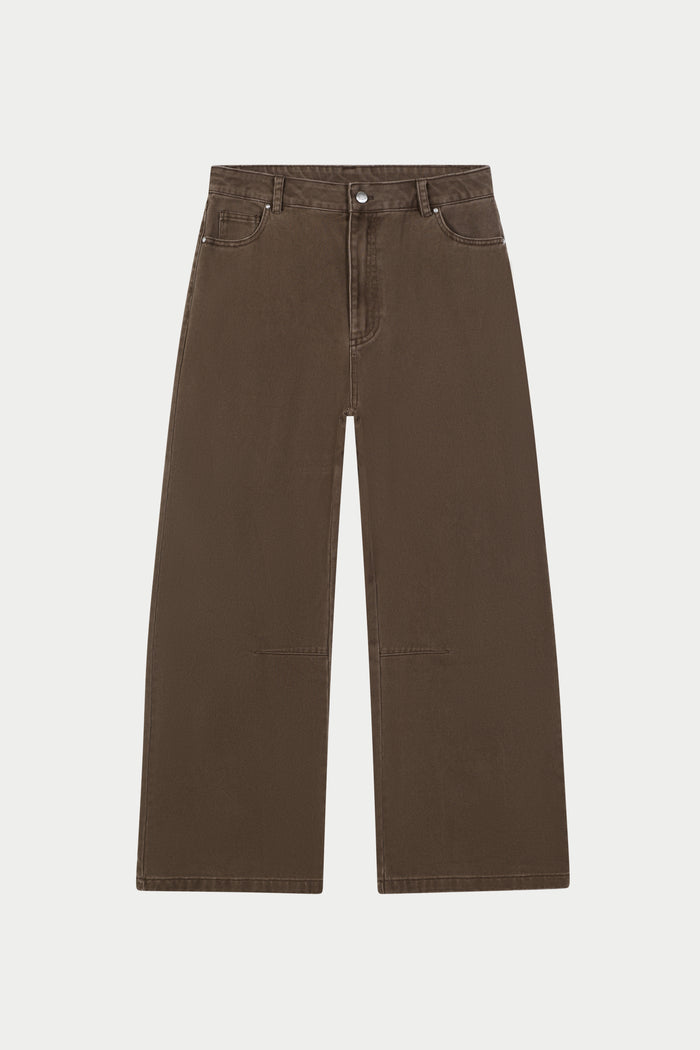 WASHED TWILL BARREL LEG PANTS - BROWN