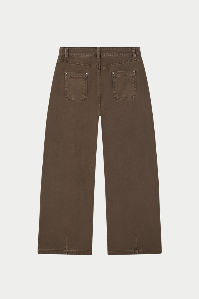 WASHED TWILL BARREL LEG PANTS - BROWN