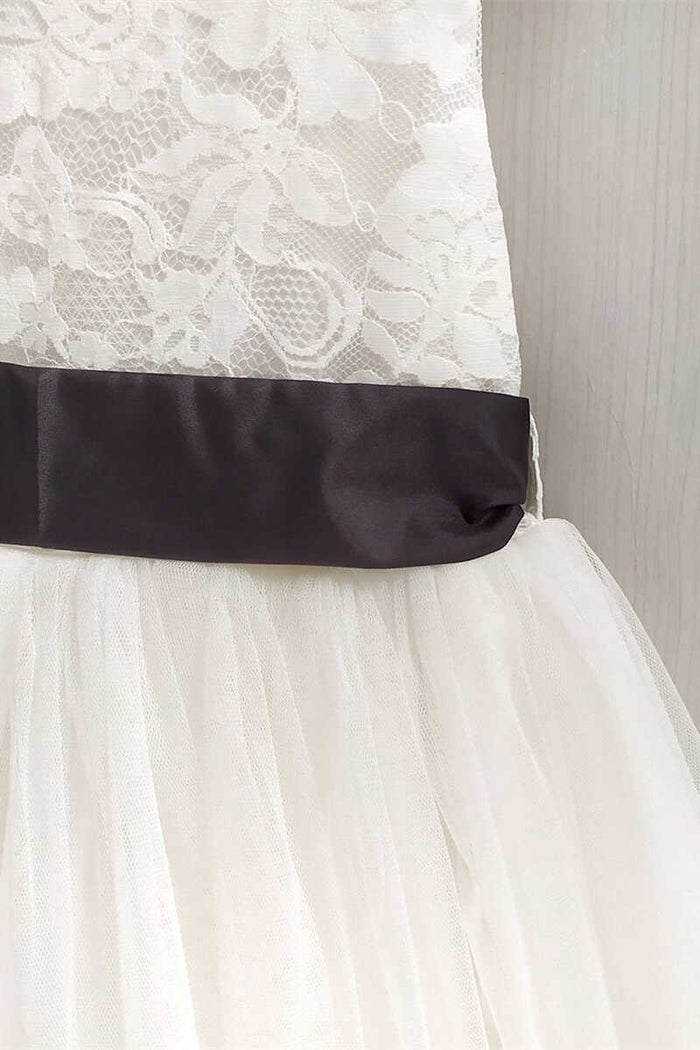 White Lace Tie Front Flower Girl Dress