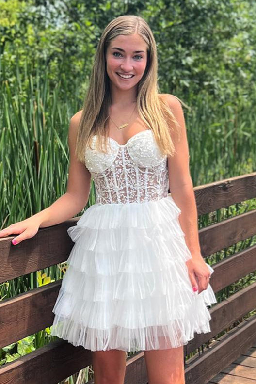White Strapless Appliques Multi-Layers A-line Homecoming Dress