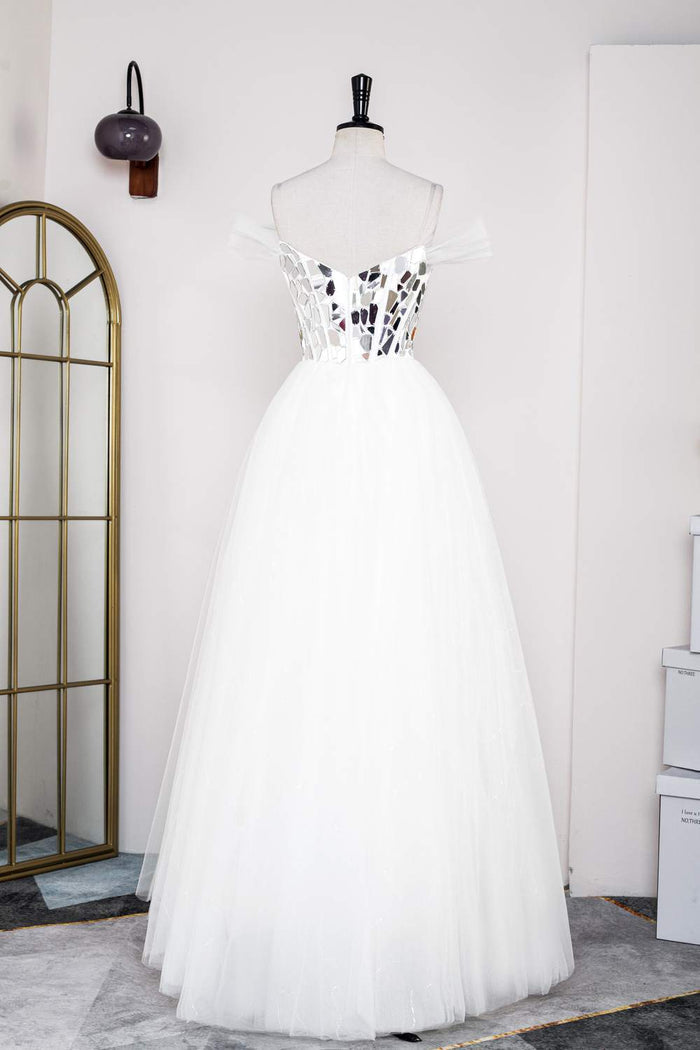 White Strapless Mirror-Cut Sequined Top A-line Long Prom Dress