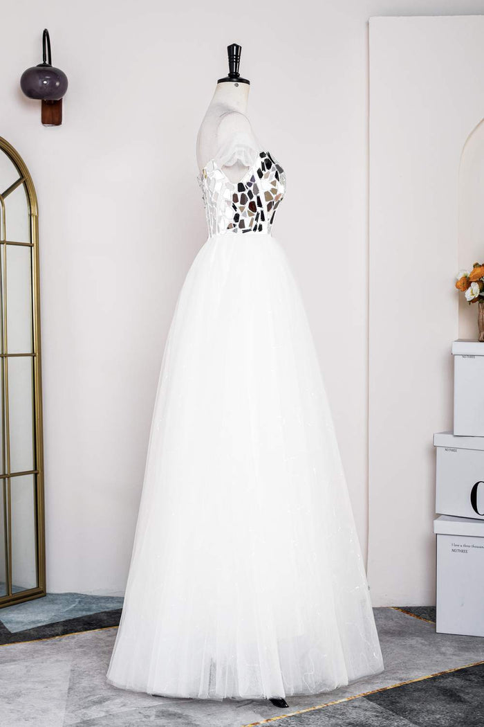 White Strapless Mirror-Cut Sequined Top A-line Long Prom Dress