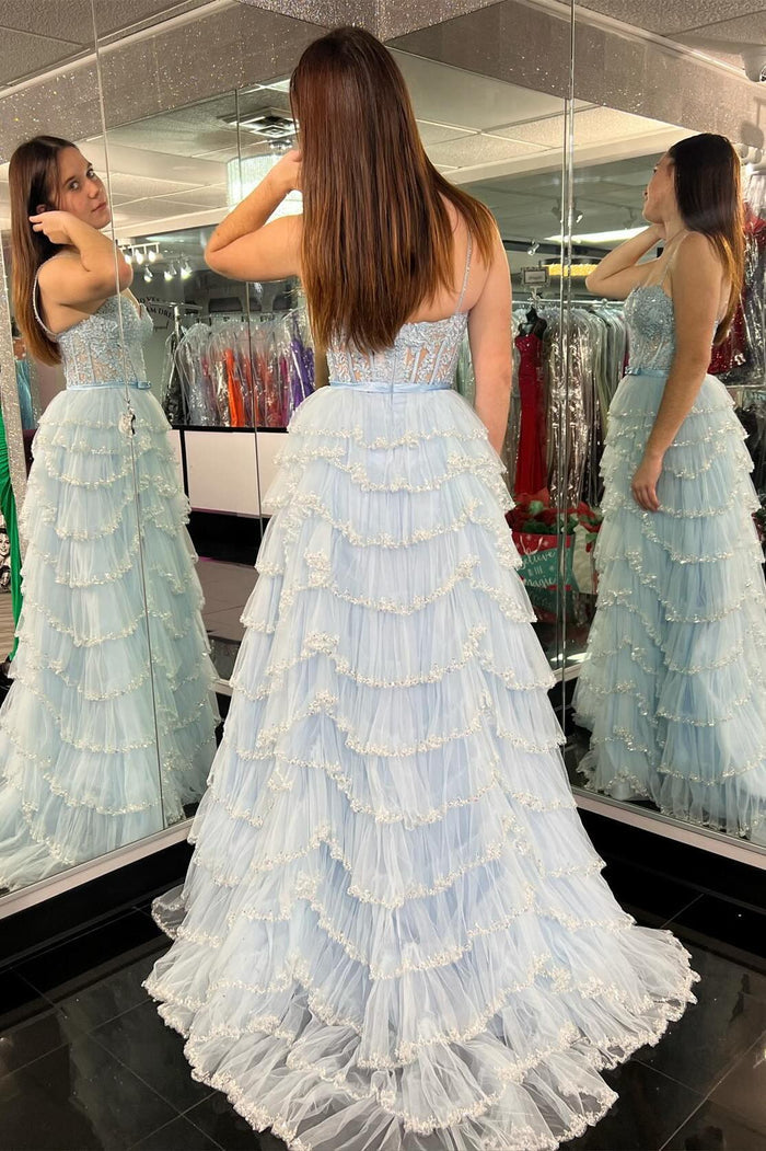 White Straps Floral Sequined Multi-Layers Long Prom Dress with Slit