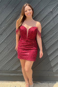 Red Sequins Plunging Off-the-Shoulder Sheath Homecoming Dress with Tassels
