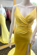 Yellow Surplice Mermaid Pleated Satin Long Prom Dress with Slit