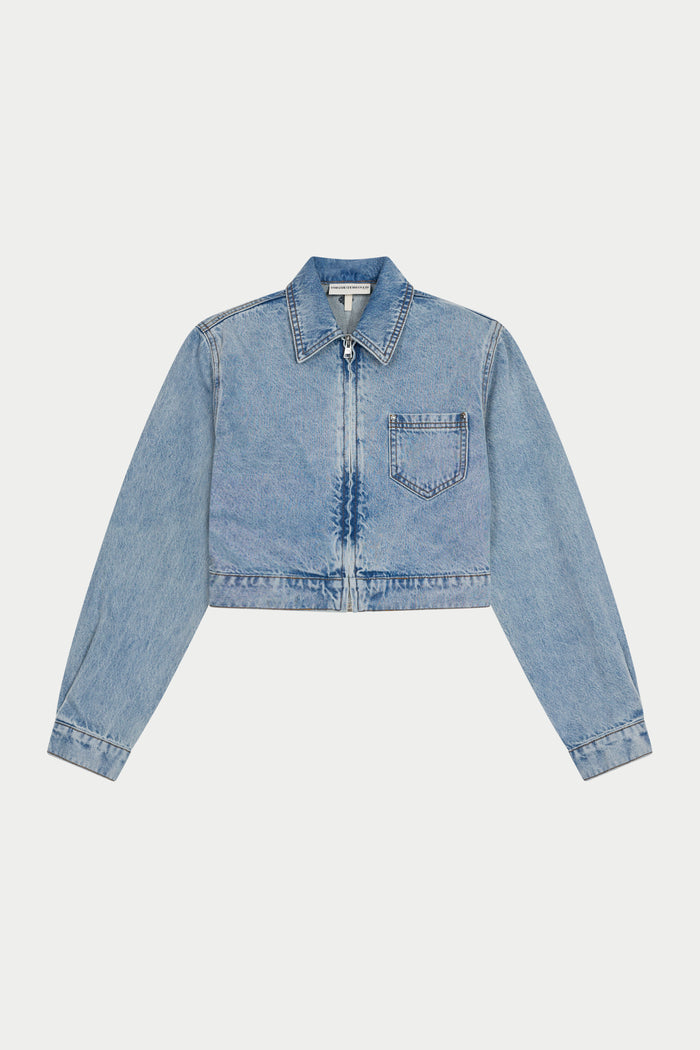 ZIP THROUGH DENIM JACKET - MID BLUE WASH