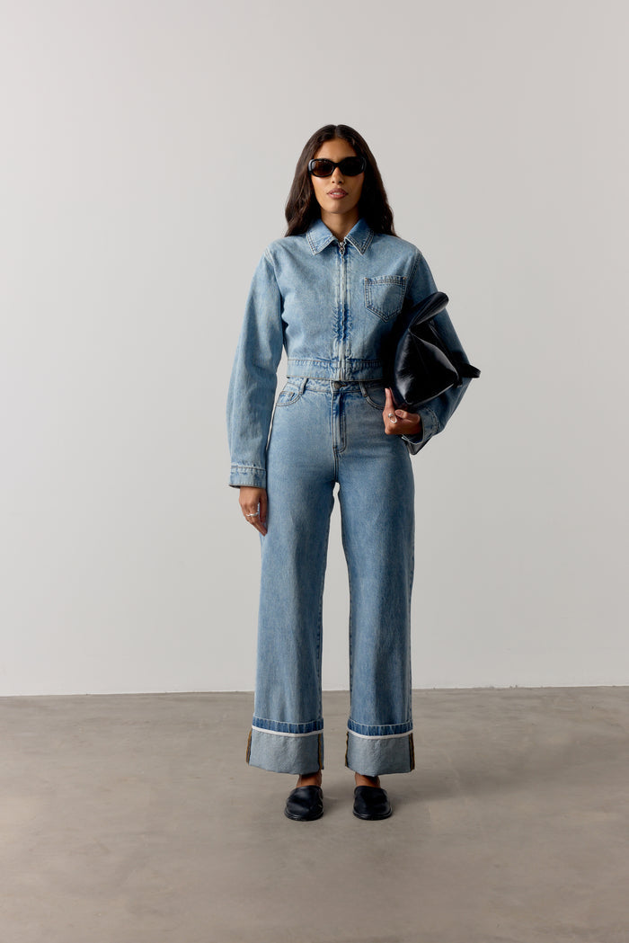 ZIP THROUGH DENIM JACKET - MID BLUE WASH